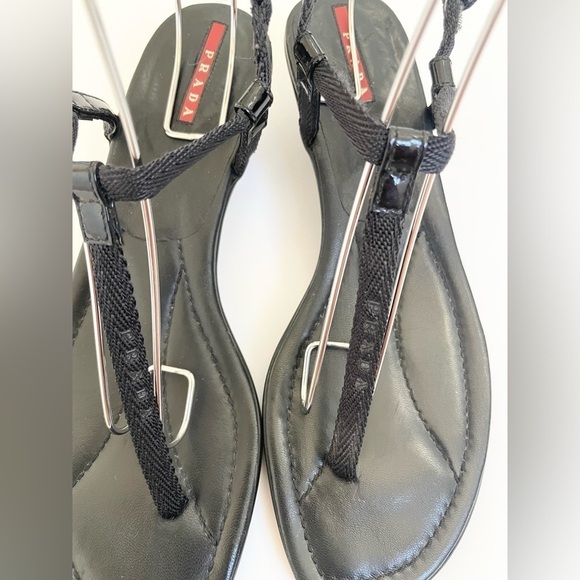 Prada Sport Y2K Black Leather Nylon Logo T-strap Kitten Low Heel Sandals EU 39 - Picture 3 of 11